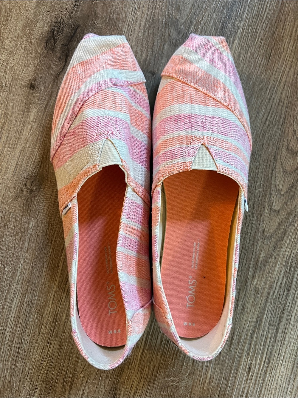 Toms Coral and Cream Striped Canvas Slip-On Flats